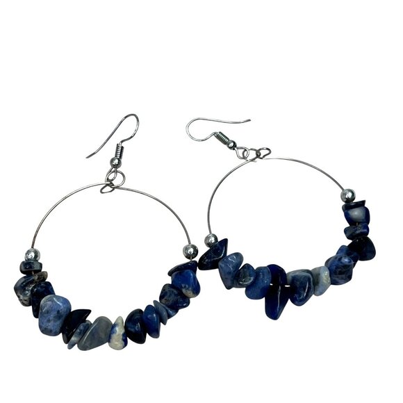 Hoop Earrings Blue Stone Chips Silver Tone Dangle Beaded - Picture 1 of 4